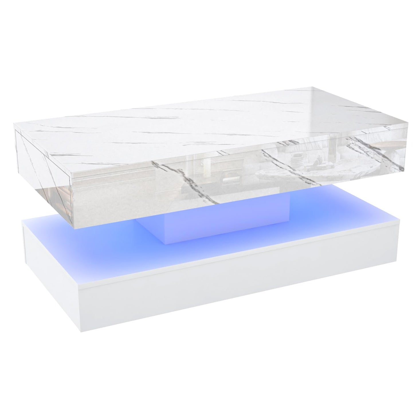 chartustriable 39.4" Large High-Glossy LED Coffee Table with 2 Sliding Drawers, Living Room Storage Coffee Tables with Marbling Print, Modern Stylish Double-Layer Center Tables w/LED Lights, White