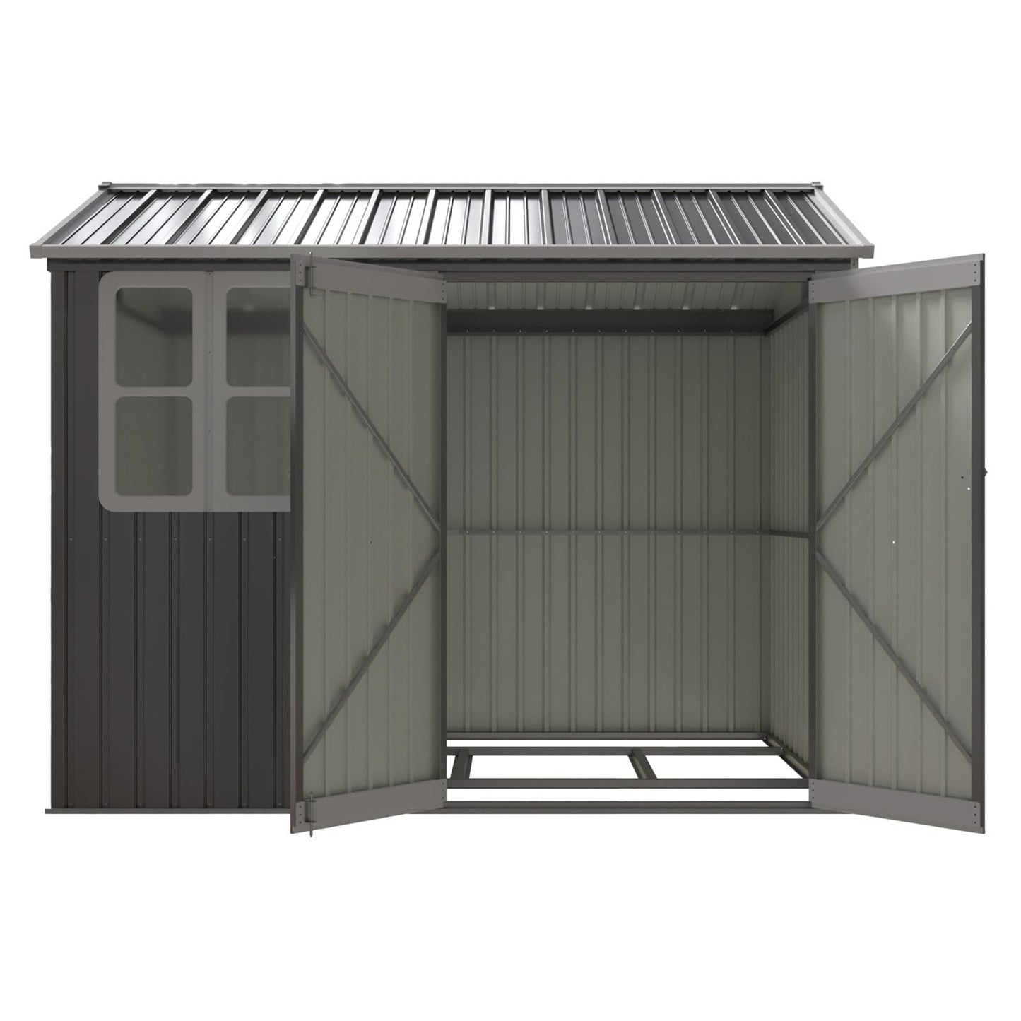 BIRCHTREE Garden Shed Steel Apex Roof House Outdoor Backyard Storage With Lockable Double Doors Window Free Foundation Tool Equipment Organizer Air Vents 8x6FT Grey