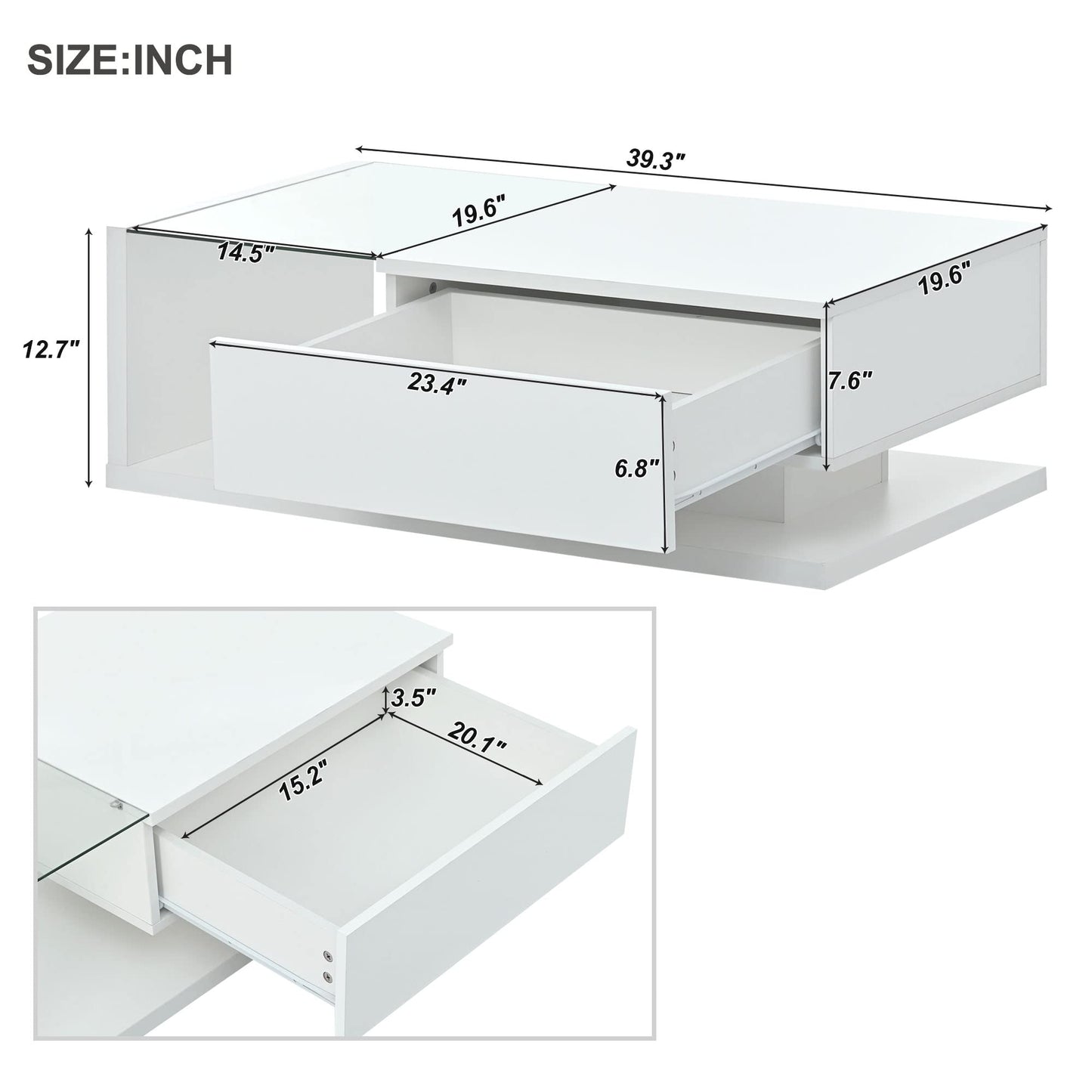 LUMISOL High-Gloss Center Table with Tempered Glass and Storage, White