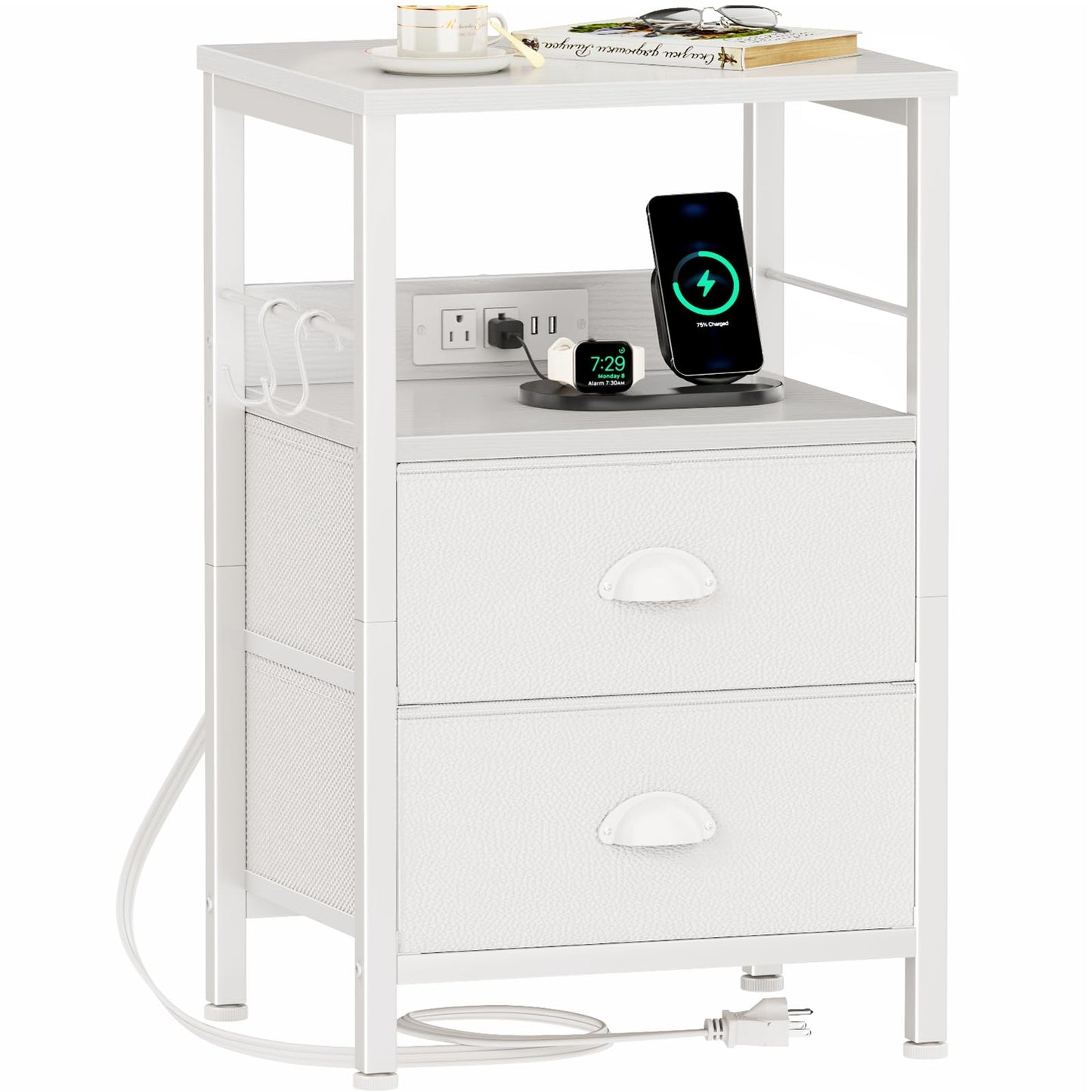 Furologee End Table with Charging Station, Nightstand with Fabric Drawers, Side Tables with USB Ports & Outlets, Night Stand with Storage Shelf & Hooks, for Living Room/Bedroom, White
