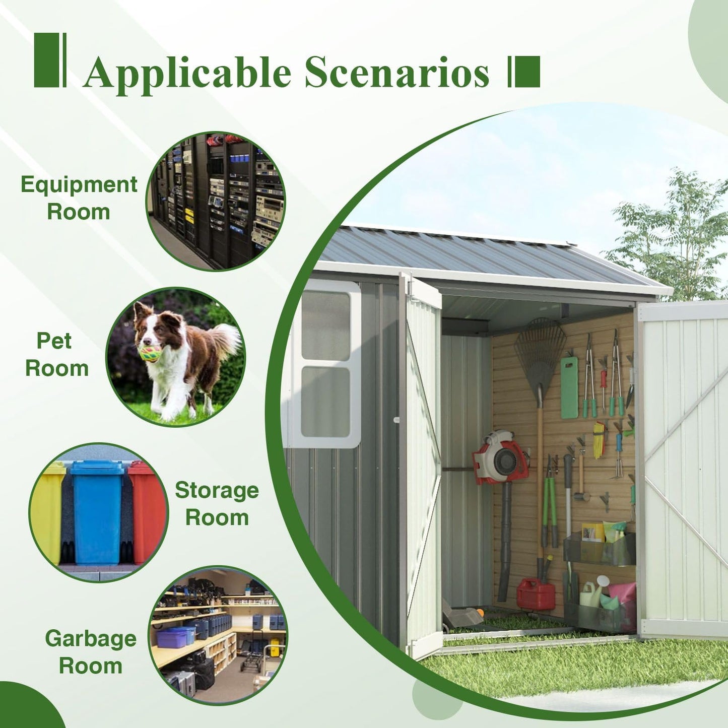 BIRCHTREE Garden Shed Steel Apex Roof House Outdoor Backyard Storage With Lockable Double Doors Window Free Foundation Tool Equipment Organizer Air Vents 8x6FT Grey
