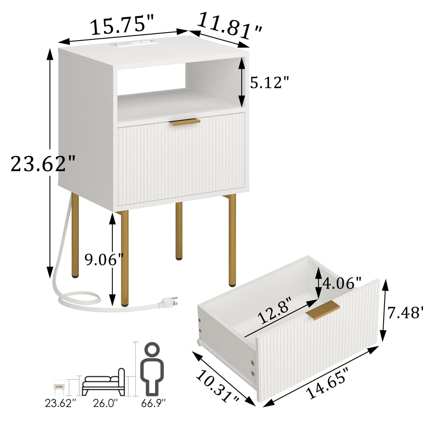 Modern Nightstand with Charging Station and LED Lights, White Bedside Table with Drawer, Fluted Side Table for Living Room, Bedroom