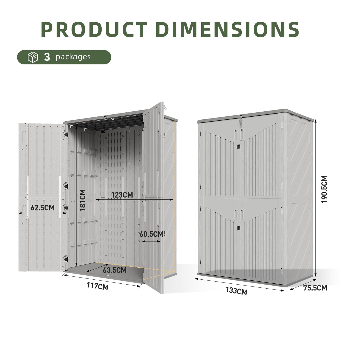 Aoxun 1800L Tall Plastic Shed with Floor 133×76×191cm, Large Garden Storage Box, Vertical Outdoor Storage Shed with Lockable Double Doors, Waterproof for Wheelie Bins, Lawn Mowers & Long Garden Tools