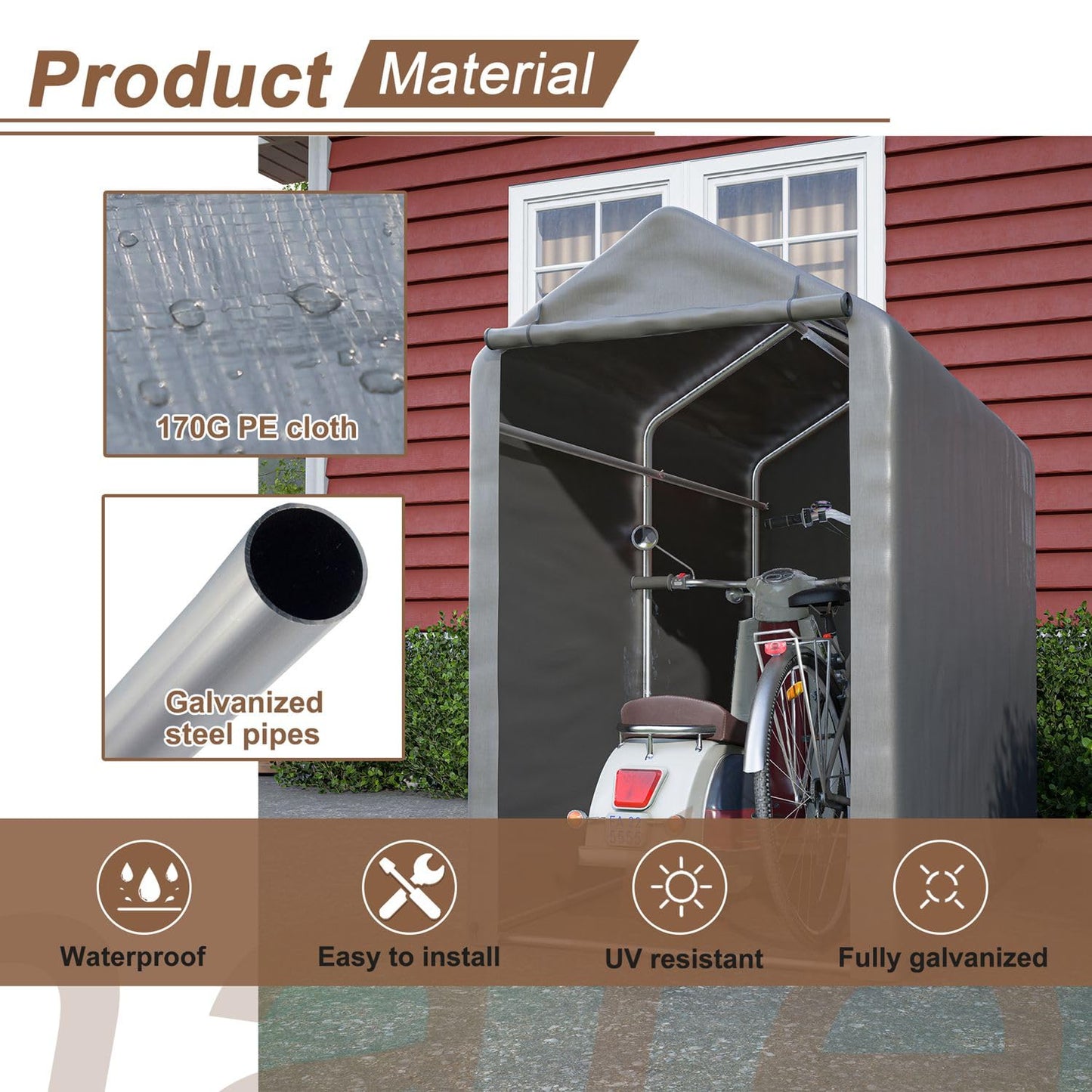 BIRCHTREE 1.8M*1M Garden Waterproof Anti-UV Bike Storage Tent Bicycle Motorcycle Shed Shelter Outdoor Backyard Steel Frame PE Cover Zipper Door Small Grey