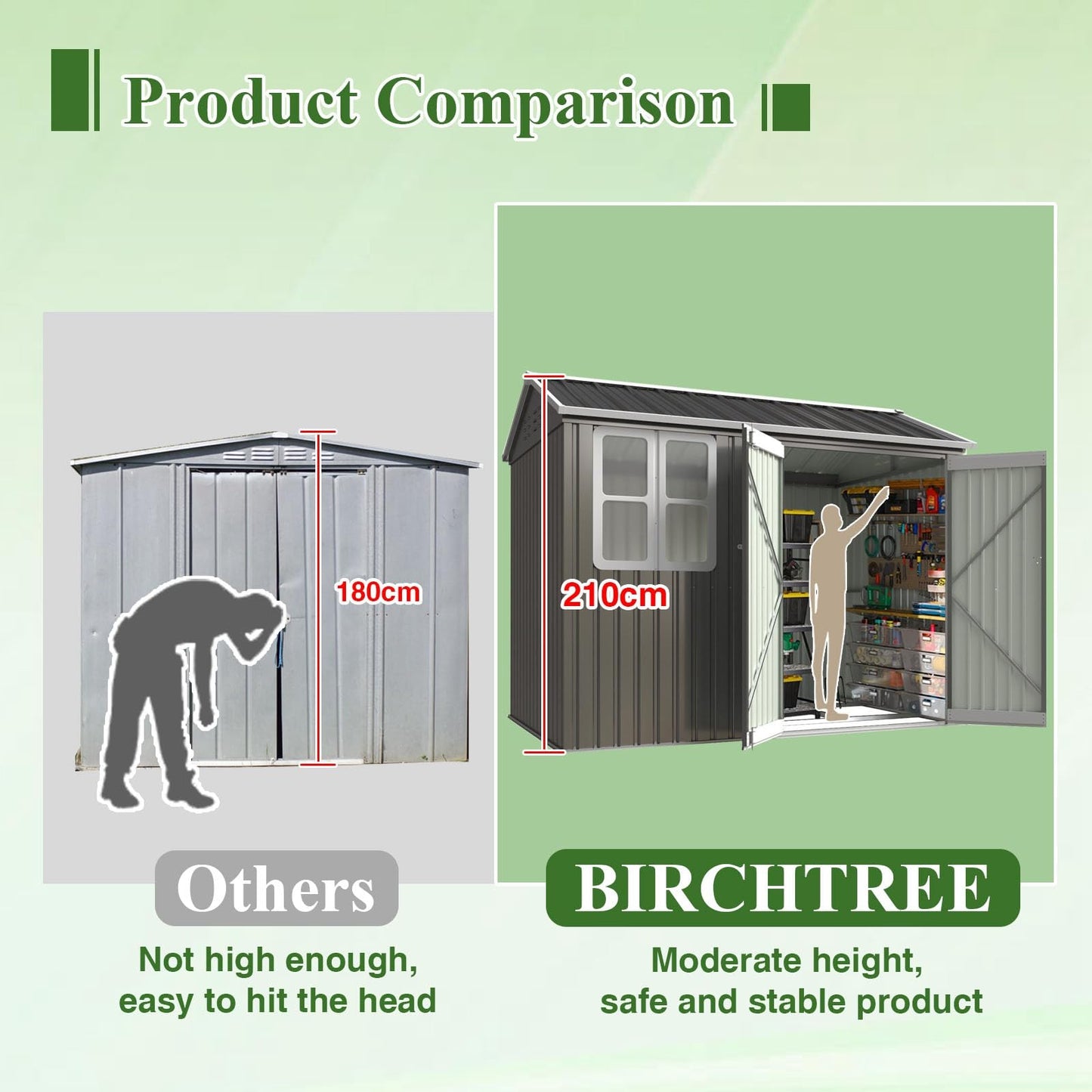 BIRCHTREE Garden Shed Steel Apex Roof House Outdoor Backyard Storage With Lockable Double Doors Window Free Foundation Tool Equipment Organizer Air Vents 8x6FT Grey