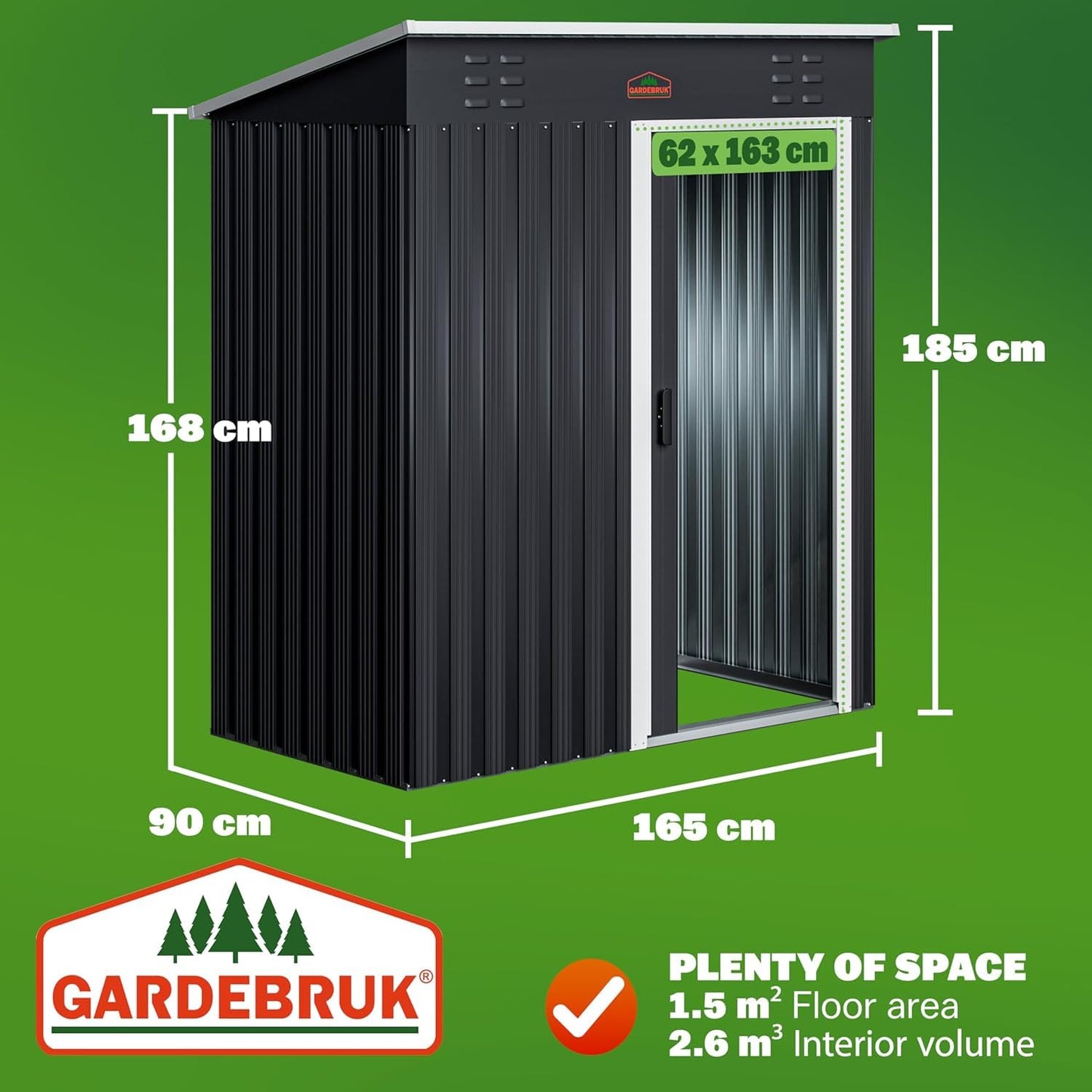 GARDEBRUK® 5x3ft Metal Garden Shed, Pent Roof, 185x165x90cm, Anthracite
