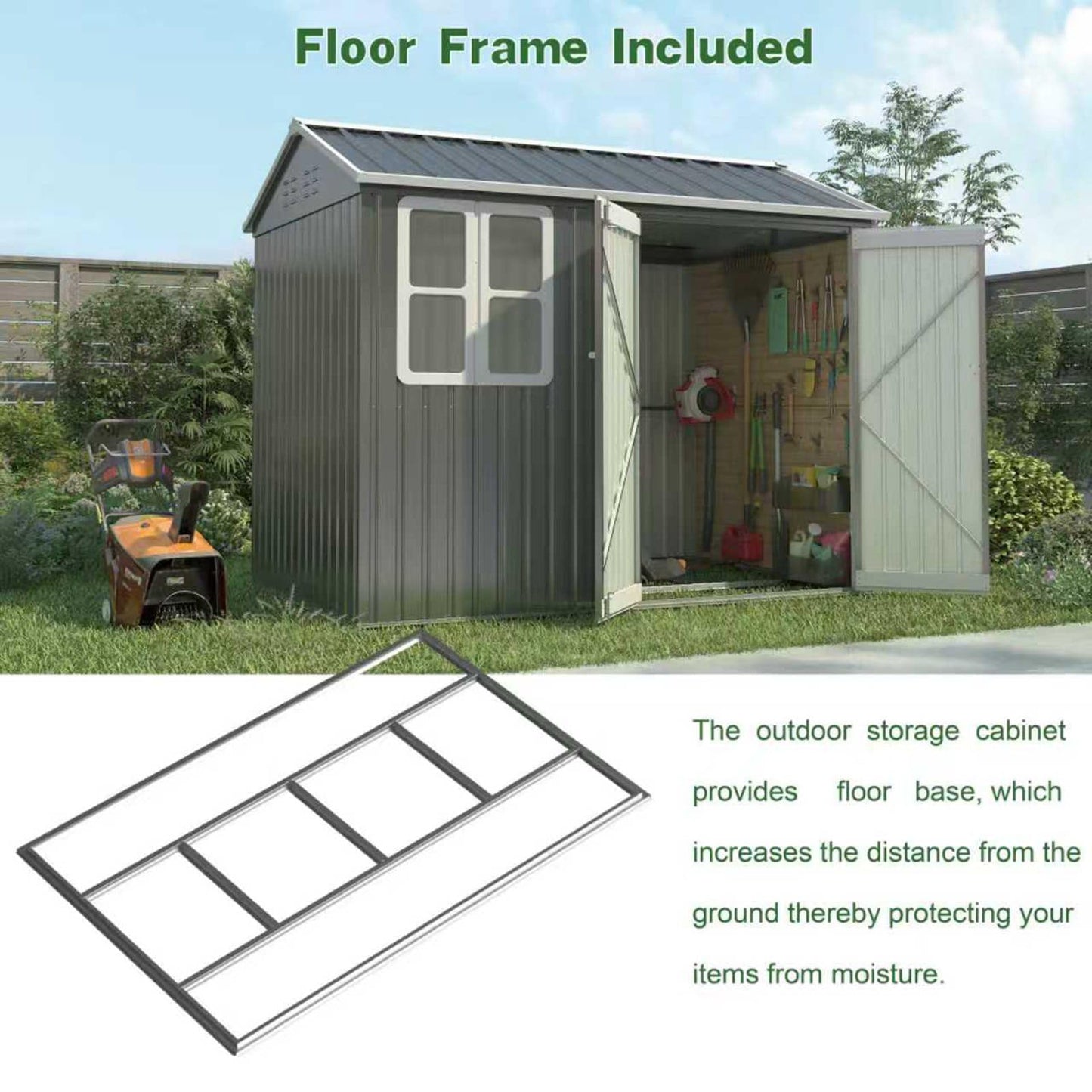 BIRCHTREE Garden Shed Steel Apex Roof House Outdoor Backyard Storage With Lockable Double Doors Window Free Foundation Tool Equipment Organizer Air Vents 8x6FT Grey