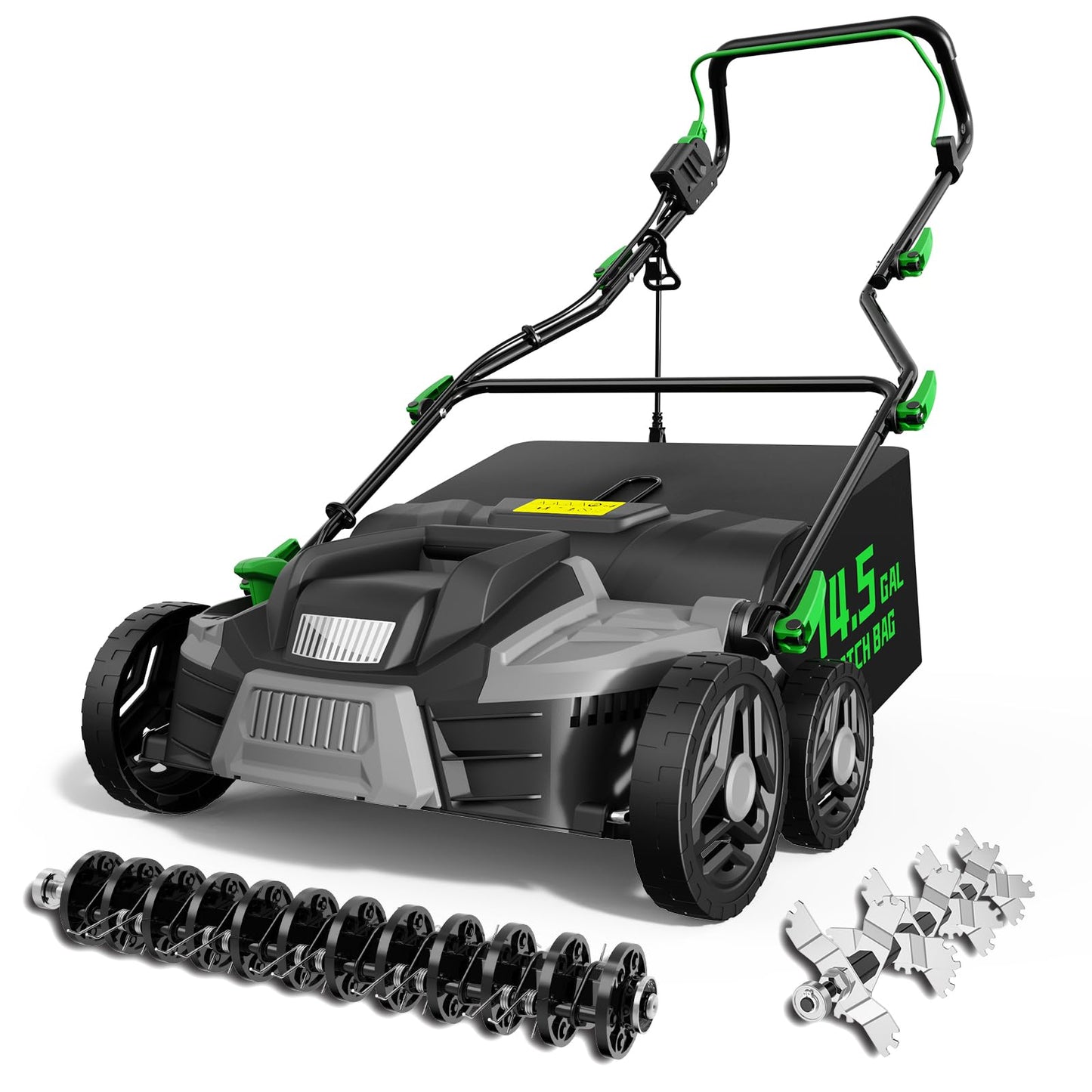 TIECTOWN 2026 Upgrade 16-Inch 15.5 Amp 2-in-1 Electric Dethatcher and Scarifier with 14.5-Gallon Collection Bag, Lawn Dethatcher with 5-Position Depth Adjustment, Keeps Lawn Healthy - Green