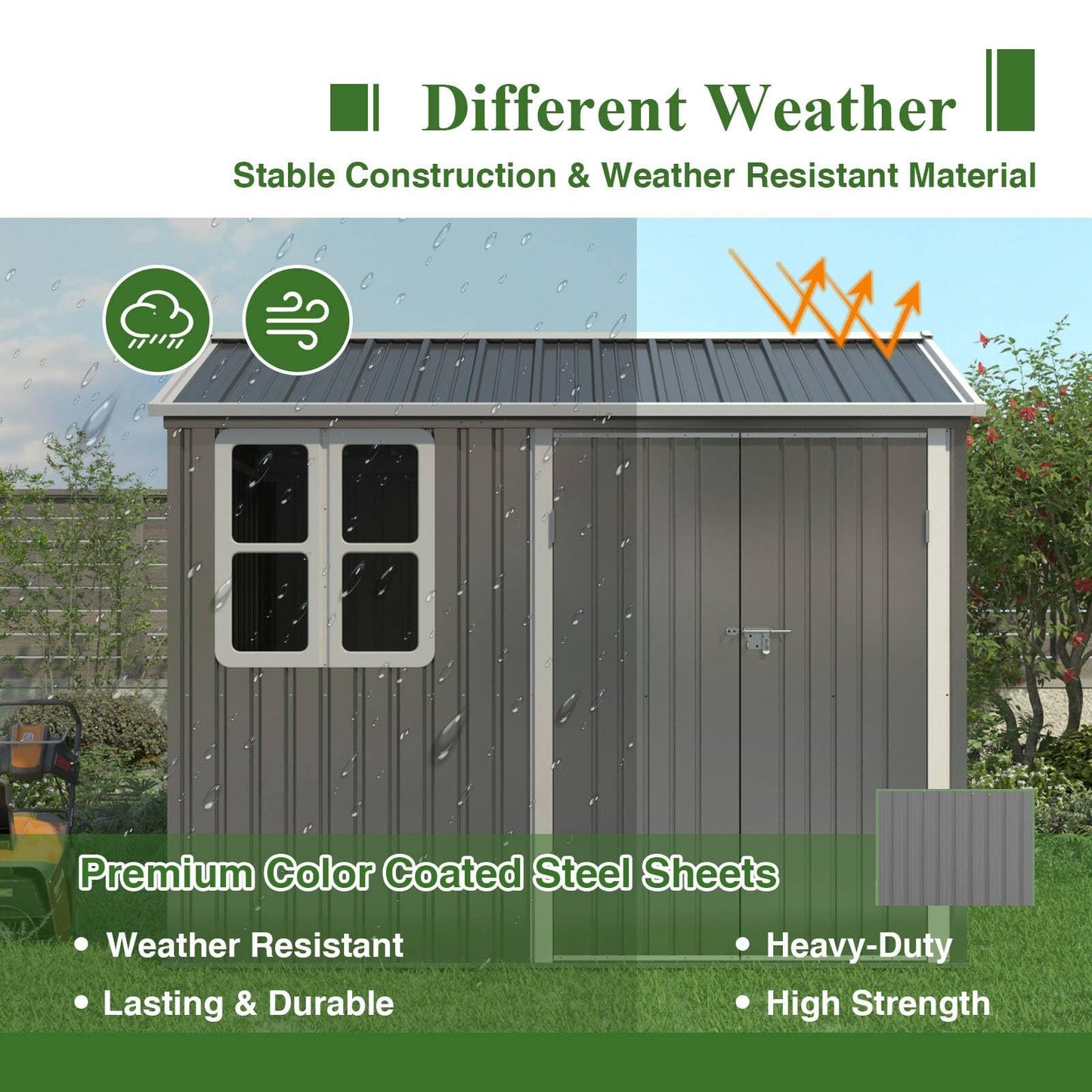 BIRCHTREE Garden Shed Steel Apex Roof House Outdoor Backyard Storage With Lockable Double Doors Window Free Foundation Tool Equipment Organizer Air Vents 8x6FT Grey