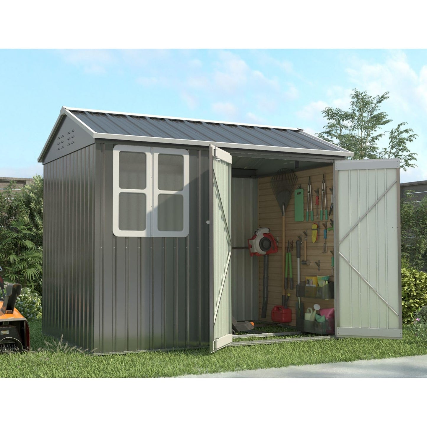 BIRCHTREE Garden Shed Steel Apex Roof House Outdoor Backyard Storage With Lockable Double Doors Window Free Foundation Tool Equipment Organizer Air Vents 8x6FT Grey