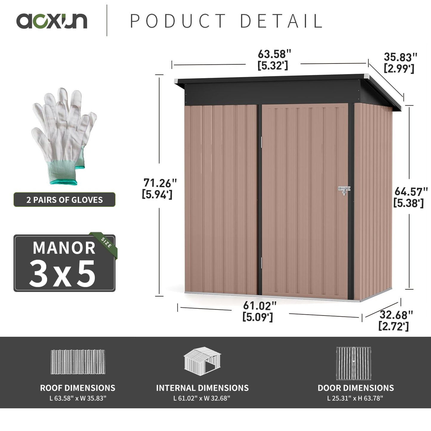 Aoxun 5x3ft (Overall Dimensions) Outdoor Storage Shed, Galvanized Metal Shed with Air Vent and Lockable Door, Tool Storage, Bike Shed, Garden Tool Storage Shed, for Patio, Lawn
