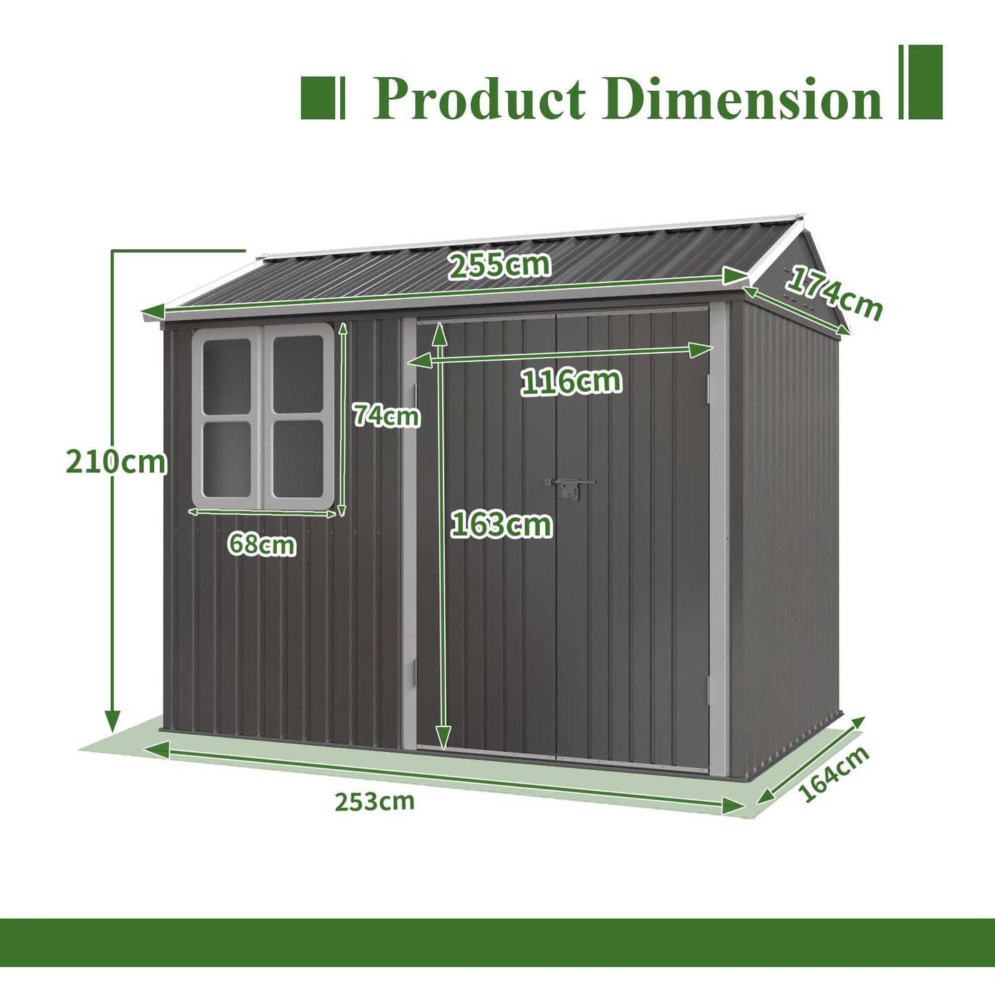 BIRCHTREE Garden Shed Steel Apex Roof House Outdoor Backyard Storage With Lockable Double Doors Window Free Foundation Tool Equipment Organizer Air Vents 8x6FT Grey