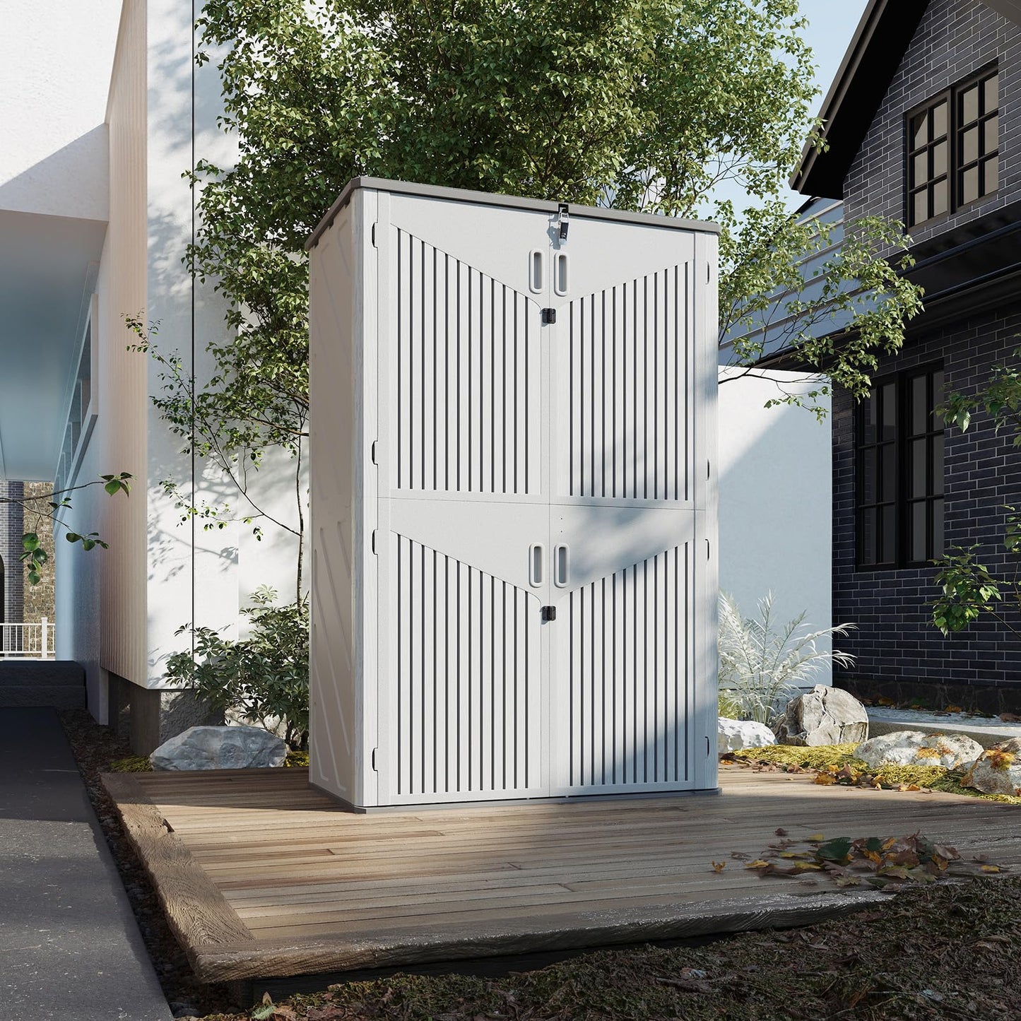 Aoxun 1800L Tall Plastic Shed with Floor 133×76×191cm, Large Garden Storage Box, Vertical Outdoor Storage Shed with Lockable Double Doors, Waterproof for Wheelie Bins, Lawn Mowers & Long Garden Tools