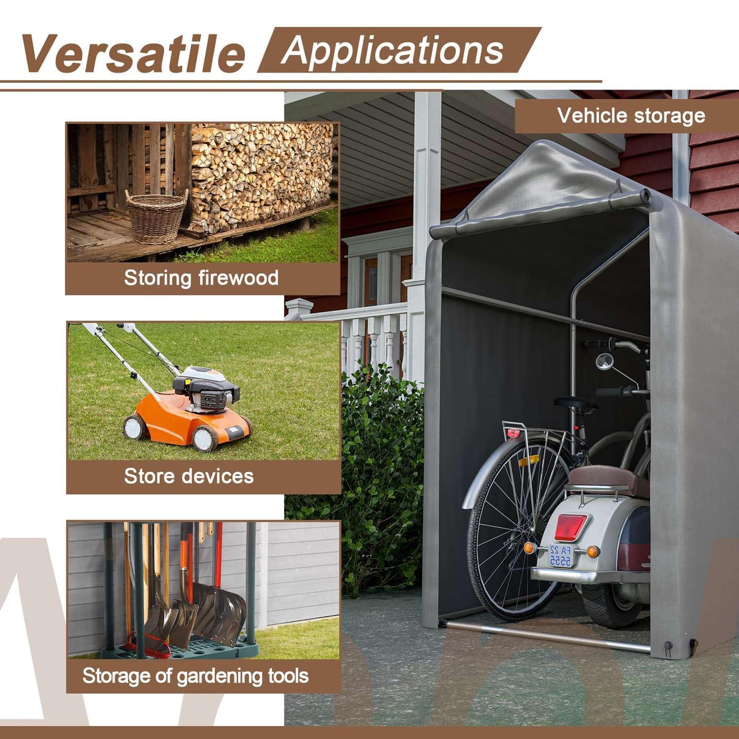 BIRCHTREE 1.8M*1M Garden Waterproof Anti-UV Bike Storage Tent Bicycle Motorcycle Shed Shelter Outdoor Backyard Steel Frame PE Cover Zipper Door Small Grey