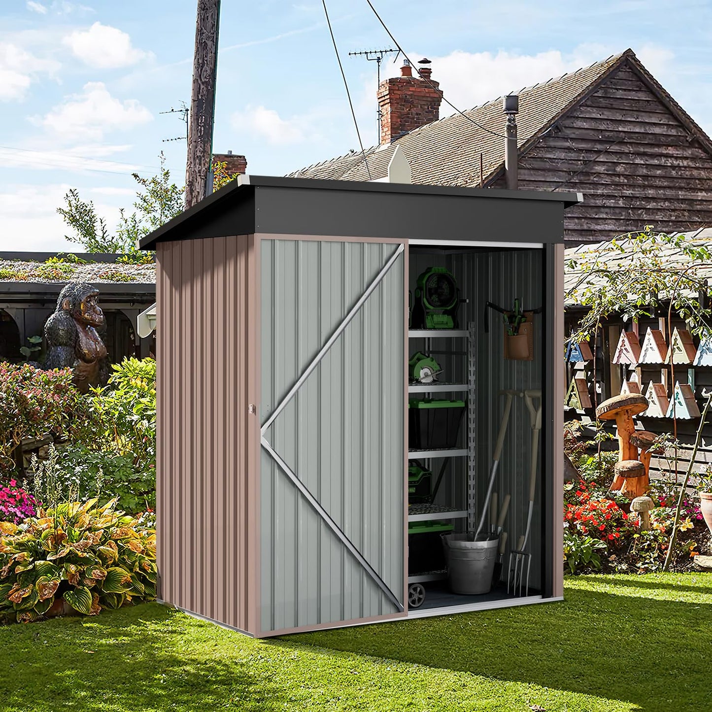 Aoxun 5x3ft (Overall Dimensions) Outdoor Storage Shed, Galvanized Metal Shed with Air Vent and Lockable Door, Tool Storage, Bike Shed, Garden Tool Storage Shed, for Patio, Lawn