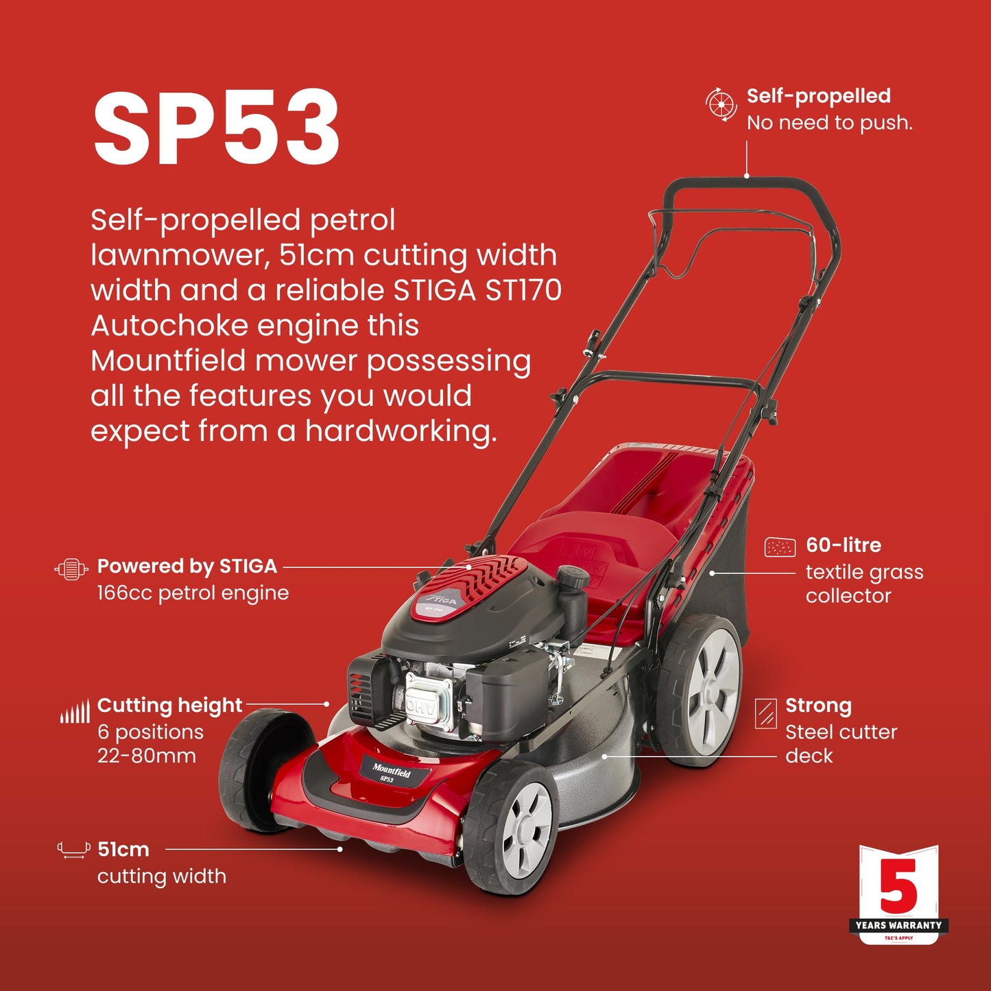 Mountfield Petrol Lawnmower SP53, 166 cc, 51 cm – Self-Propelled, Mulching – Lawns up to 1,800 sqm