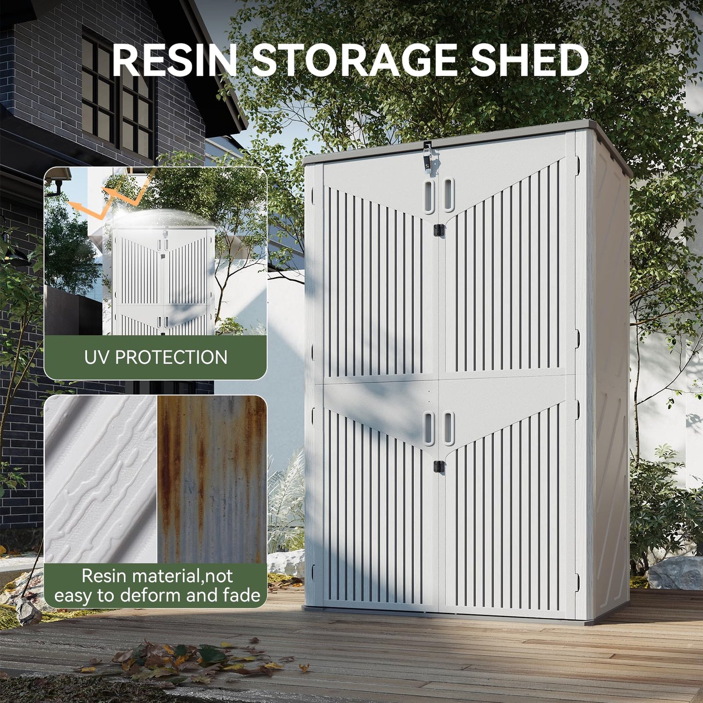 Aoxun 1800L Tall Plastic Shed with Floor 133×76×191cm, Large Garden Storage Box, Vertical Outdoor Storage Shed with Lockable Double Doors, Waterproof for Wheelie Bins, Lawn Mowers & Long Garden Tools