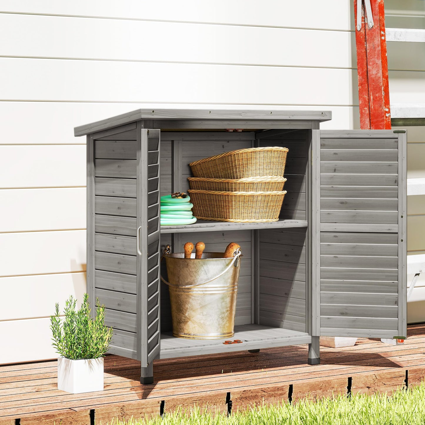 Outsunny Garden Shed Wooden 2 Door Unit 87L x 46.5W x 96.5Hcm, Grey