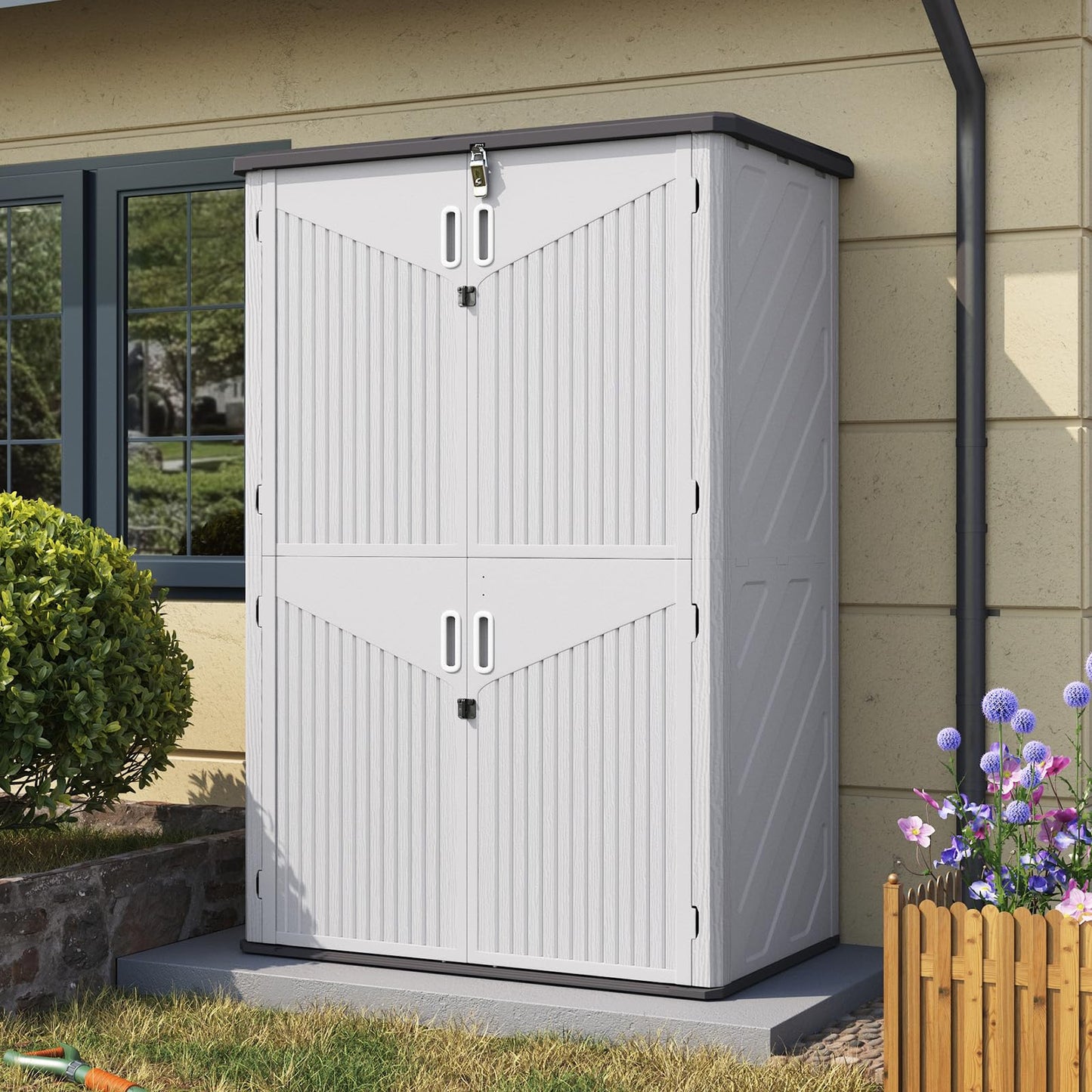 Aoxun 1800L Tall Plastic Shed with Floor 133×76×191cm, Large Garden Storage Box, Vertical Outdoor Storage Shed with Lockable Double Doors, Waterproof for Wheelie Bins, Lawn Mowers & Long Garden Tools