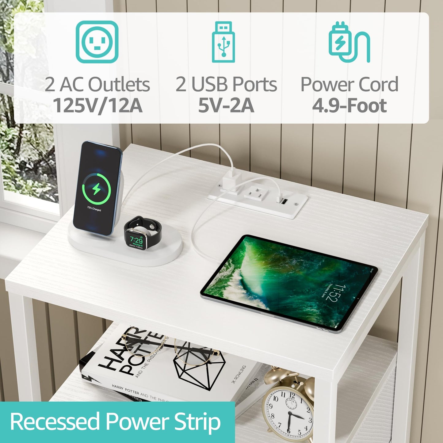 BOLUO White Nightstand with Charging Station, LED Night Stand with 2 Fabric Drawers, Bedside Table with USB Ports and Outlets, Nightstand for Bedroom Modern