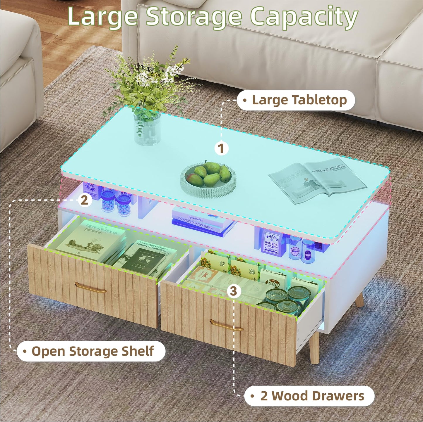 YOSHOOT 37" LED Coffee Tables with Storage, Small Coffee Table