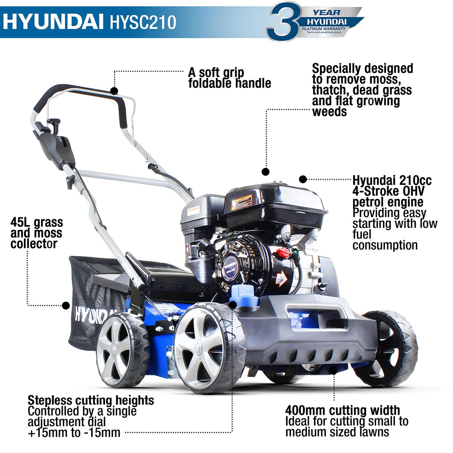 Hyundai 212cc Petrol Lawn Scarifier and Aerator, 400mm Cutting Width, 5 Cutting Heights, 45L Grass Bag, Soft Grip Foldable Handle with Height Adjustment