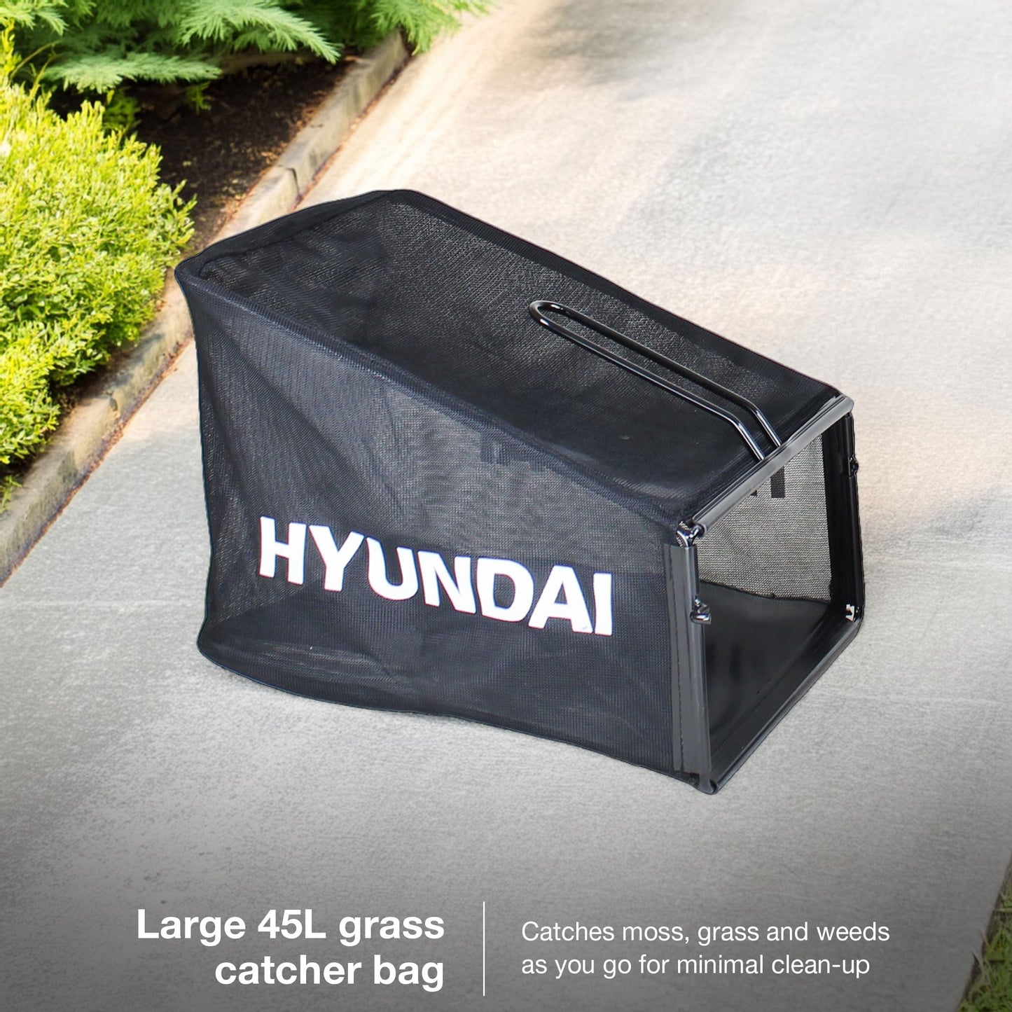 Hyundai 212cc Petrol Lawn Scarifier and Aerator, 400mm Cutting Width, 5 Cutting Heights, 45L Grass Bag, Soft Grip Foldable Handle with Height Adjustment