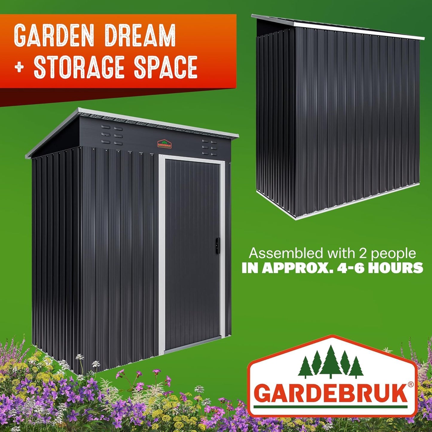 GARDEBRUK® 5x3ft Metal Garden Shed, Pent Roof, 185x165x90cm, Anthracite