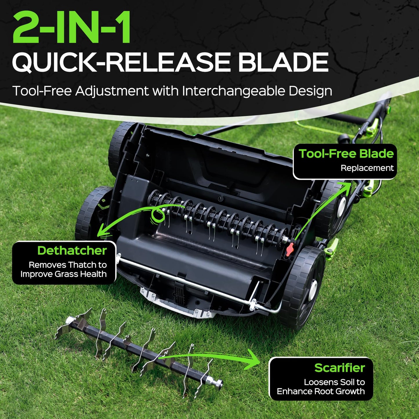 TIECTOWN 2026 Upgrade 16-Inch 15.5 Amp 2-in-1 Electric Dethatcher and Scarifier with 14.5-Gallon Collection Bag, Lawn Dethatcher with 5-Position Depth Adjustment, Keeps Lawn Healthy - Green