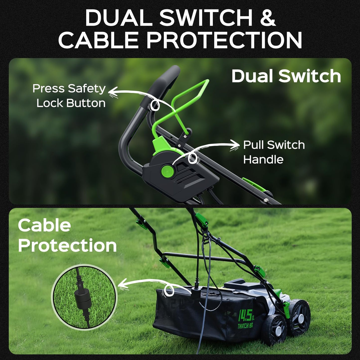 TIECTOWN 2026 Upgrade 16-Inch 15.5 Amp 2-in-1 Electric Dethatcher and Scarifier with 14.5-Gallon Collection Bag, Lawn Dethatcher with 5-Position Depth Adjustment, Keeps Lawn Healthy - Green
