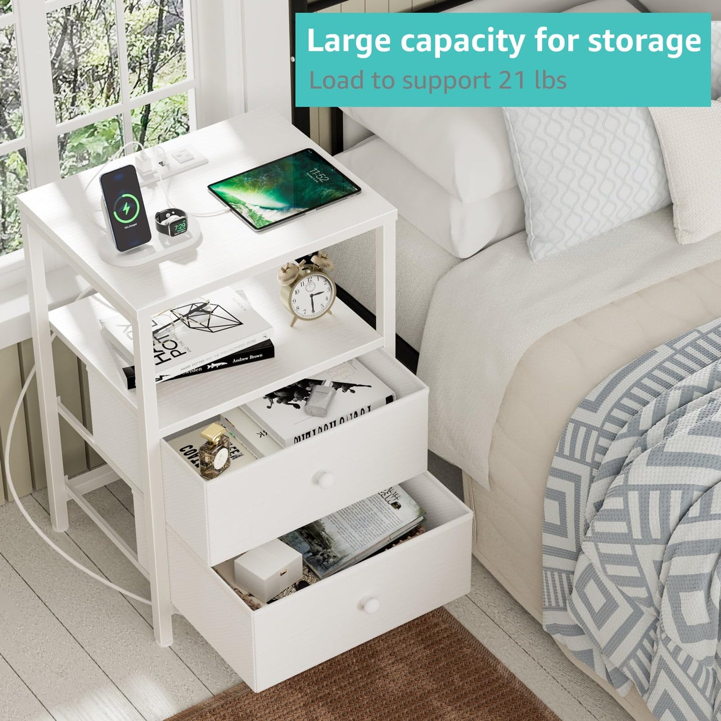 BOLUO White Nightstand with Charging Station, LED Night Stand with 2 Fabric Drawers, Bedside Table with USB Ports and Outlets, Nightstand for Bedroom Modern