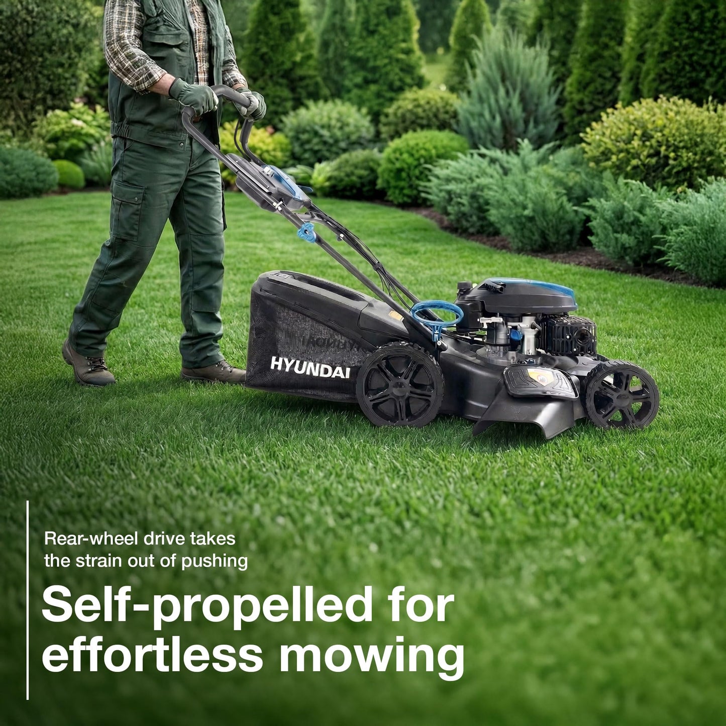 Hyundai 20” 51cm Electric Start Self-Propelled Petrol Lawnmower, 196cc 4-Stroke Engine, 4-in-1 Mulch Bag Side & Rear Discharge, 60L Grass Box, Black Edition