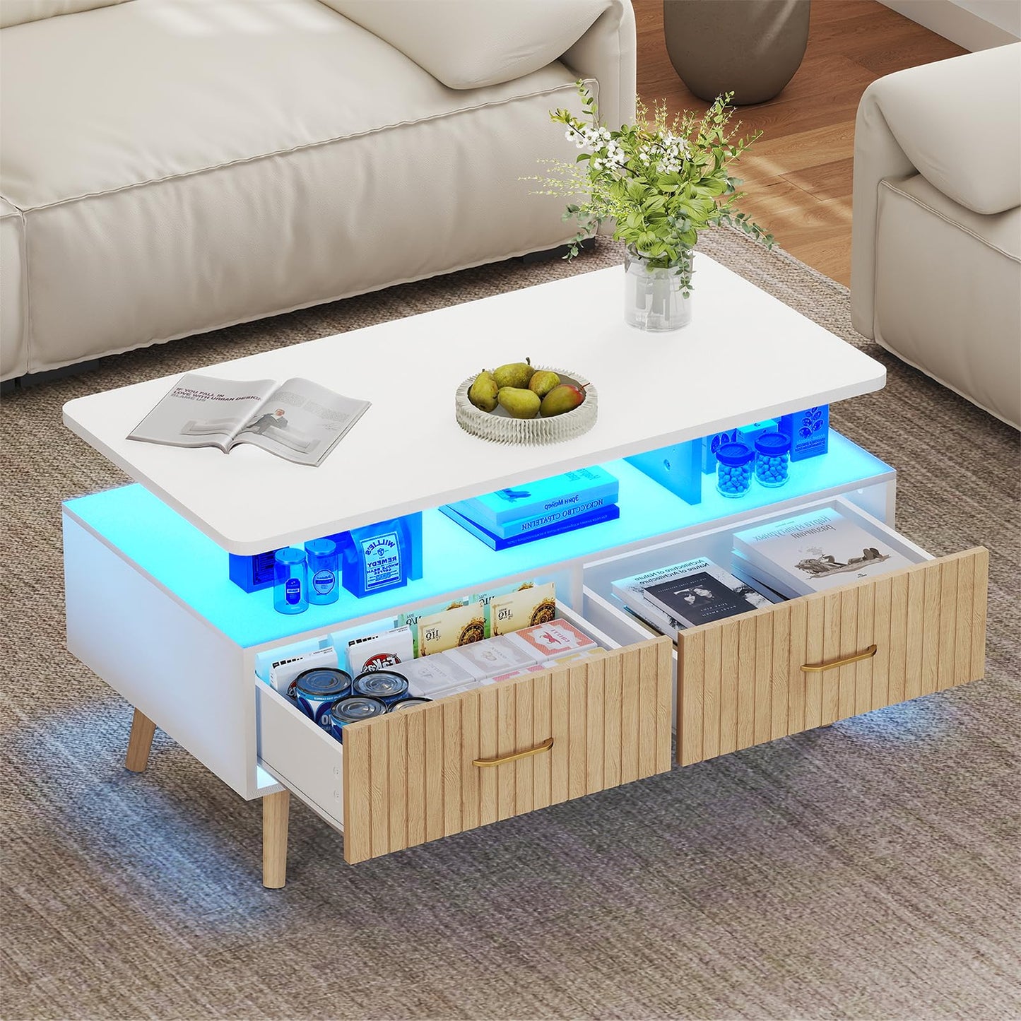 YOSHOOT 37" LED Coffee Tables with Storage, Small Coffee Table