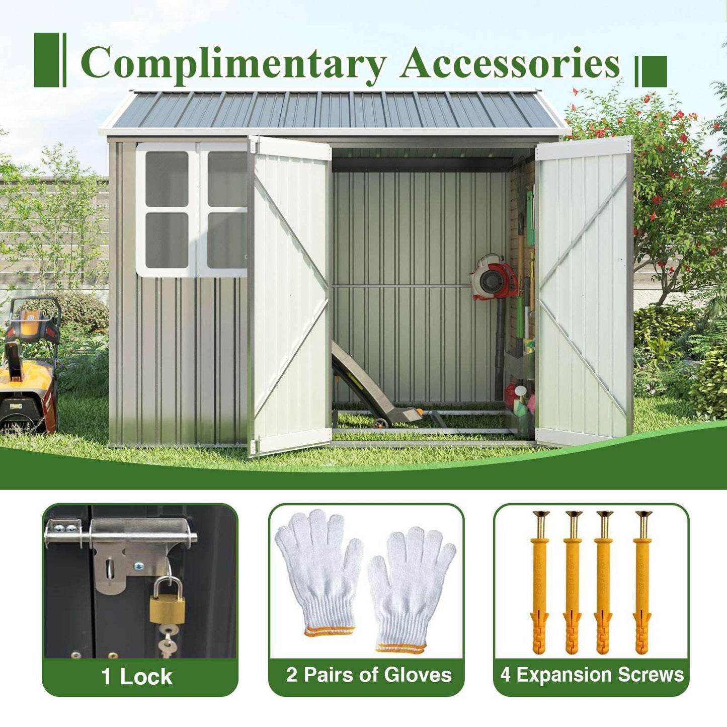 BIRCHTREE Garden Shed Steel Apex Roof House Outdoor Backyard Storage With Lockable Double Doors Window Free Foundation Tool Equipment Organizer Air Vents 8x6FT Grey