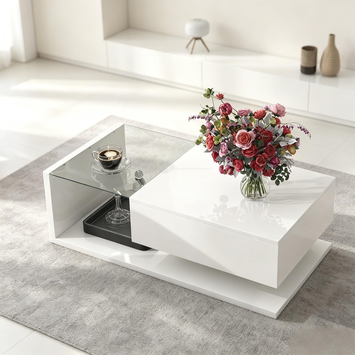 LUMISOL High-Gloss Center Table with Tempered Glass and Storage, White