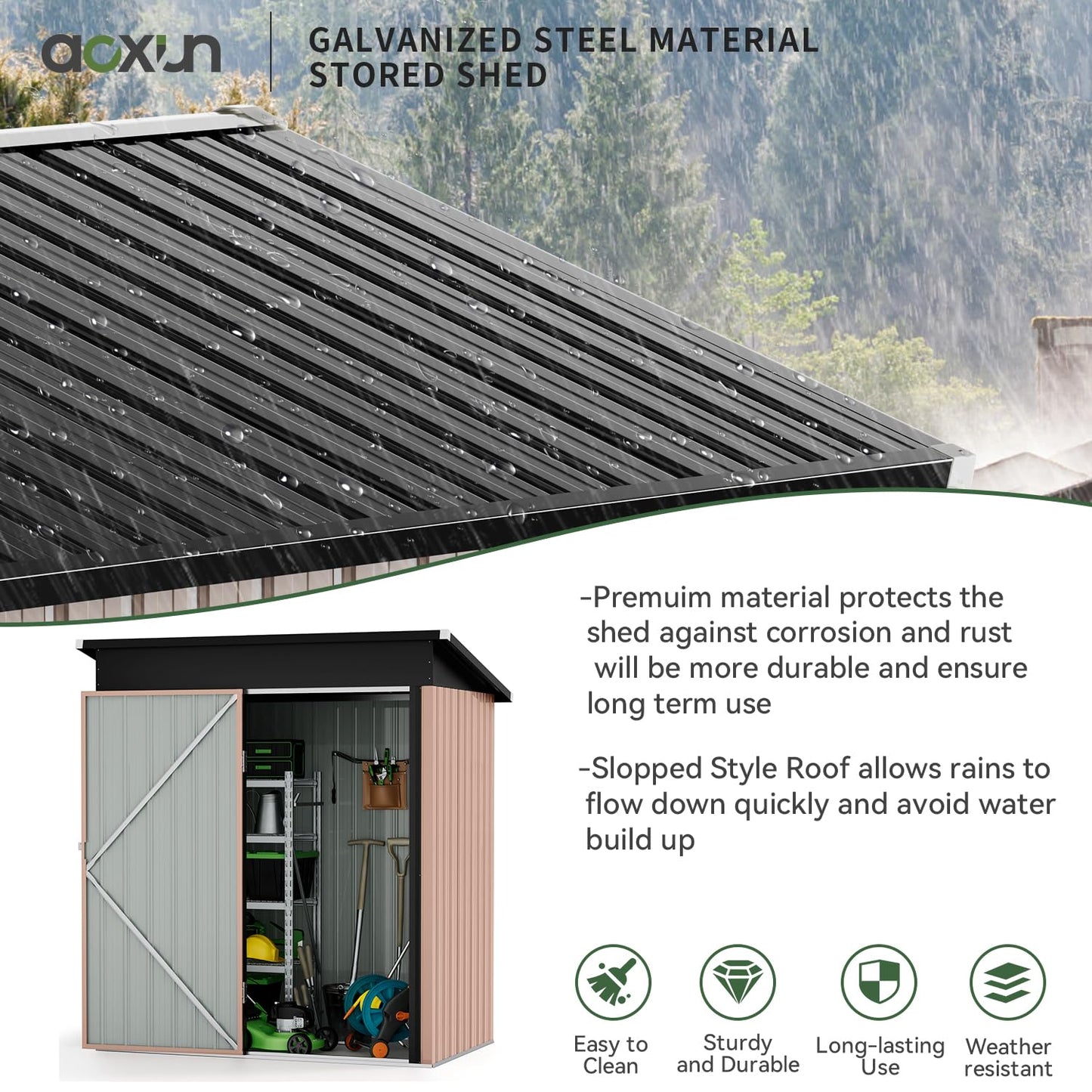 Aoxun 5x3ft (Overall Dimensions) Outdoor Storage Shed, Galvanized Metal Shed with Air Vent and Lockable Door, Tool Storage, Bike Shed, Garden Tool Storage Shed, for Patio, Lawn
