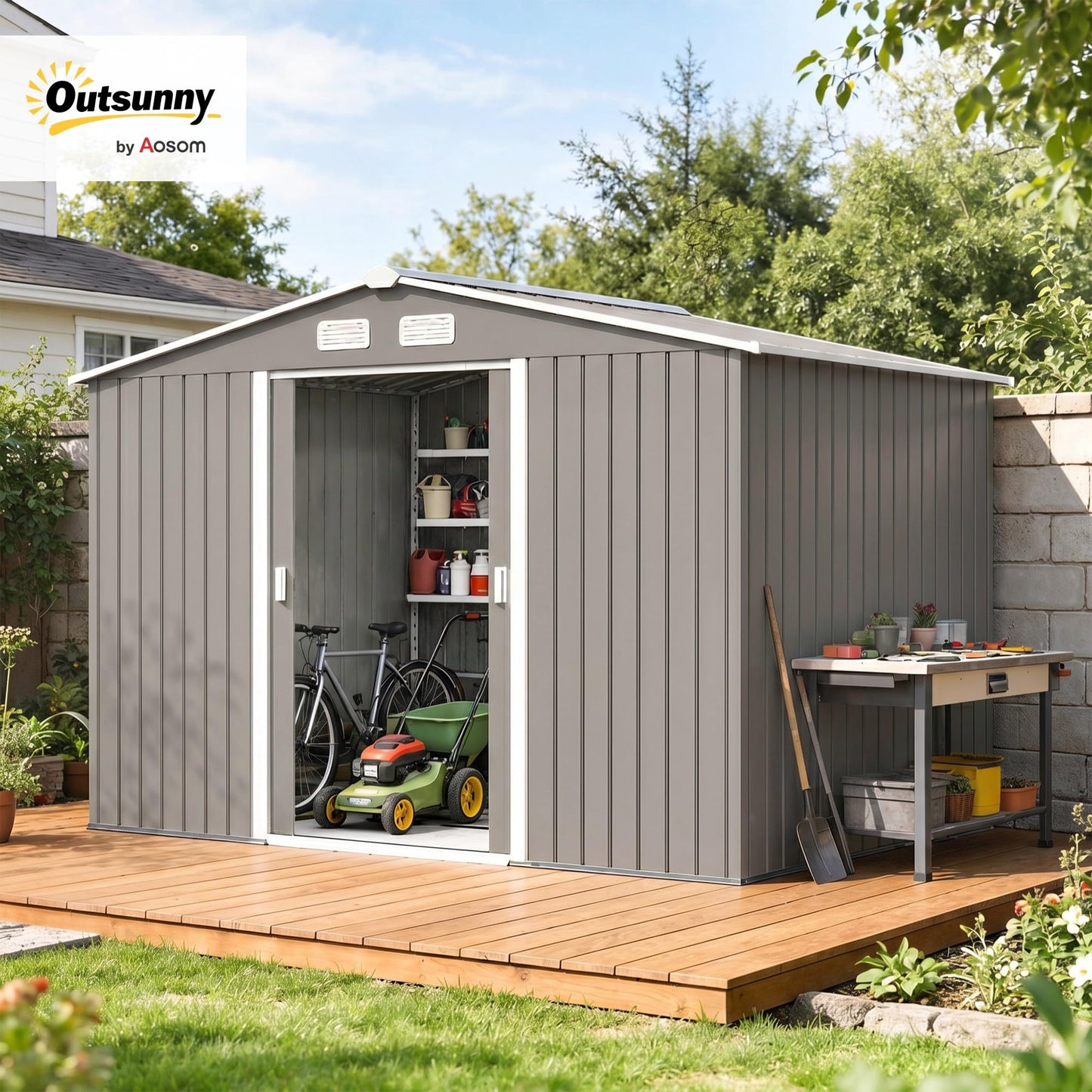 Outsunny 9 x 6 ft Metal Garden Shed Waterproof Galvanised Grey