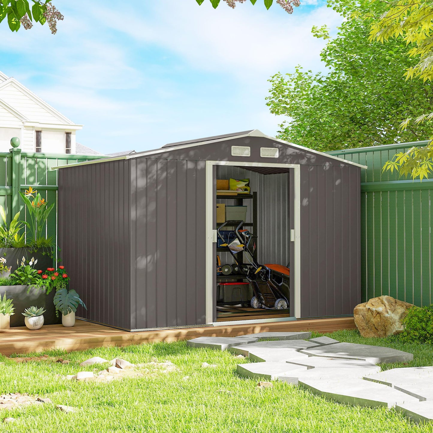 Outsunny 9 x 6 ft Metal Garden Shed Waterproof Galvanised Grey