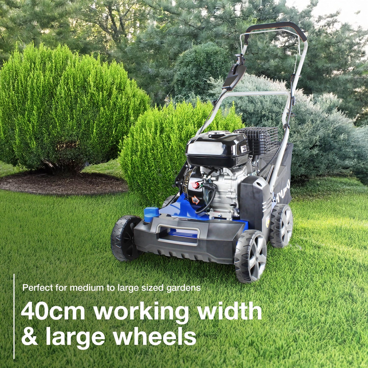 Hyundai 212cc Petrol Lawn Scarifier and Aerator, 400mm Cutting Width, 5 Cutting Heights, 45L Grass Bag, Soft Grip Foldable Handle with Height Adjustment