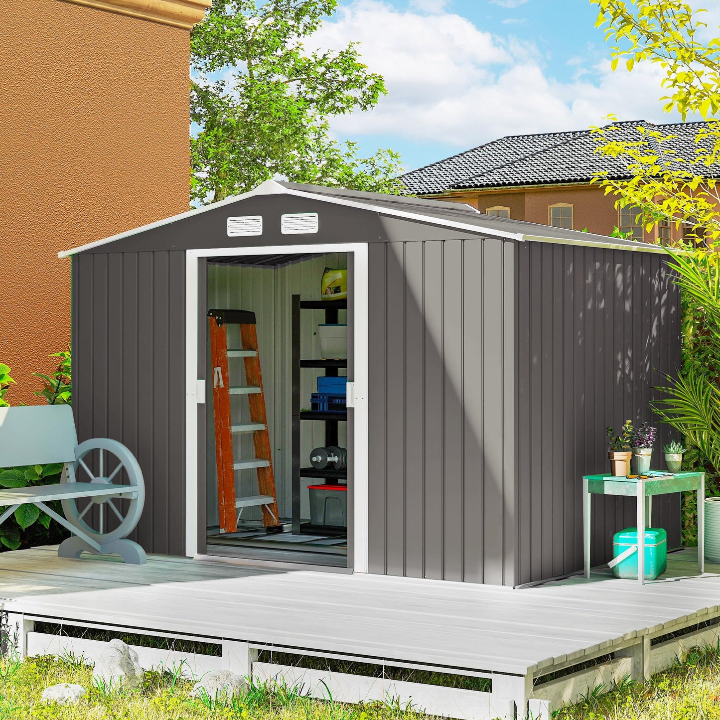 Outsunny 9 x 6 ft Metal Garden Shed Waterproof Galvanised Grey