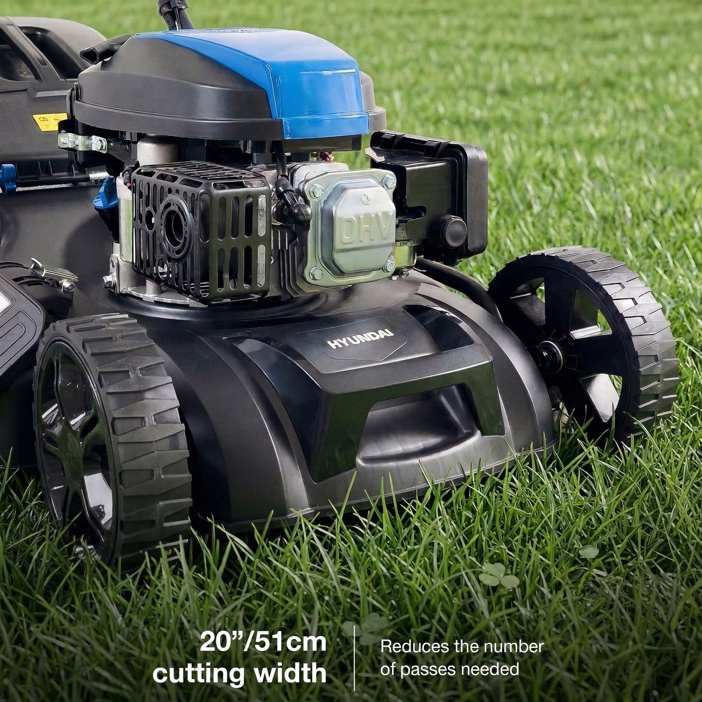 Hyundai 20” 51cm Electric Start Self-Propelled Petrol Lawnmower, 196cc 4-Stroke Engine, 4-in-1 Mulch Bag Side & Rear Discharge, 60L Grass Box, Black Edition