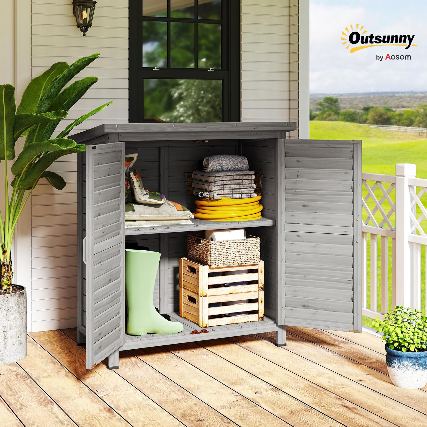 Outsunny Garden Shed Wooden 2 Door Unit 87L x 46.5W x 96.5Hcm, Grey