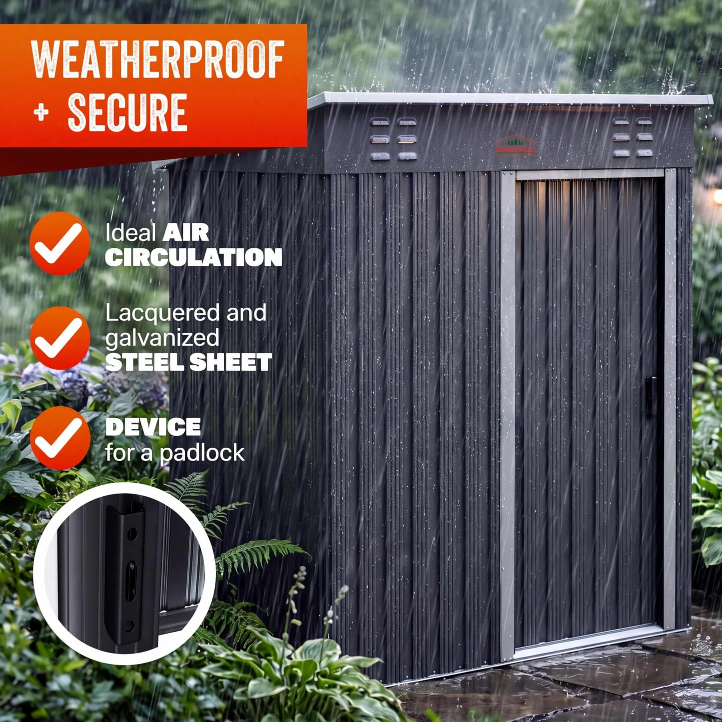 GARDEBRUK® 5x3ft Metal Garden Shed, Pent Roof, 185x165x90cm, Anthracite