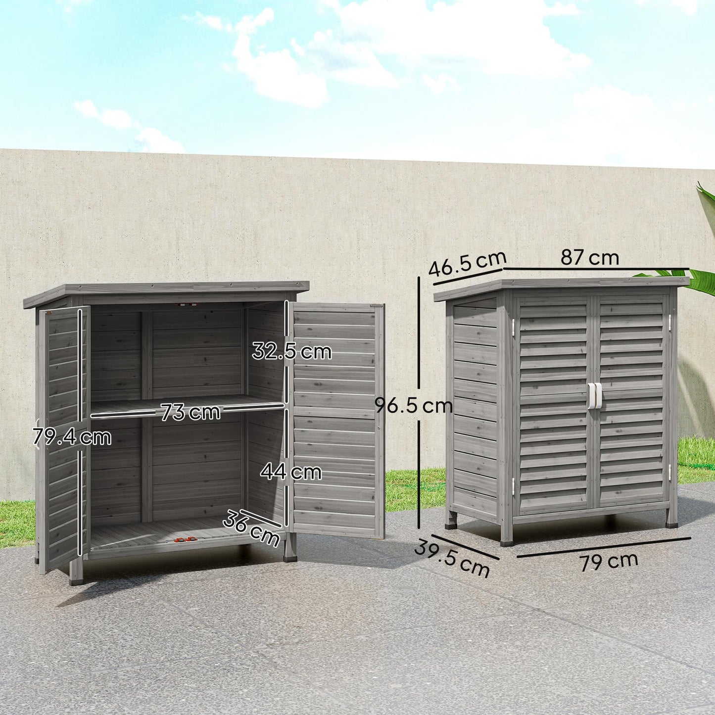 Outsunny Garden Shed Wooden 2 Door Unit 87L x 46.5W x 96.5Hcm, Grey