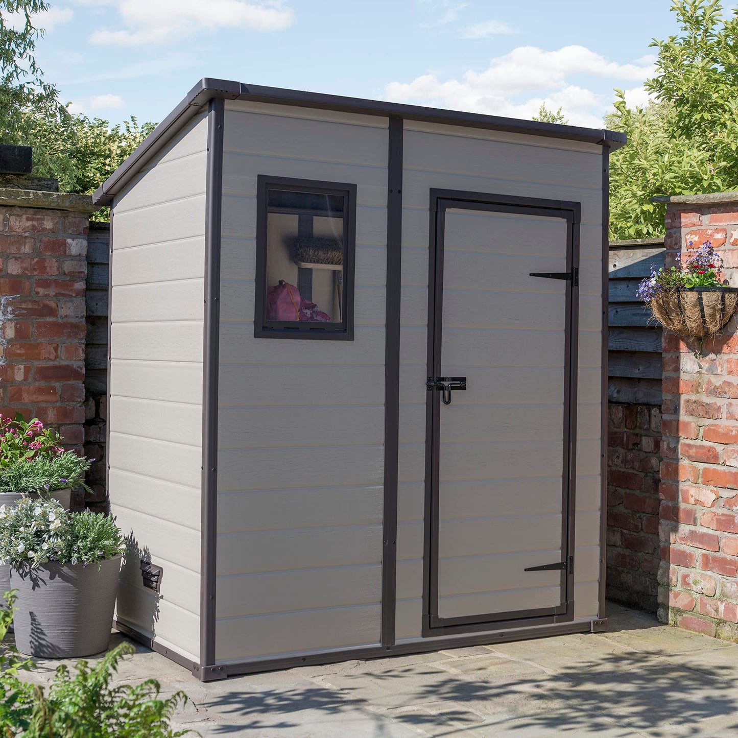 Keter Manor Outdoor Pent Single Door Garden Storage Shed 6 x 4ft Beige Brown Wood Effect Fade Free All Weather Resistant Safe And Secure Zero Maintenance 15 year Warranty